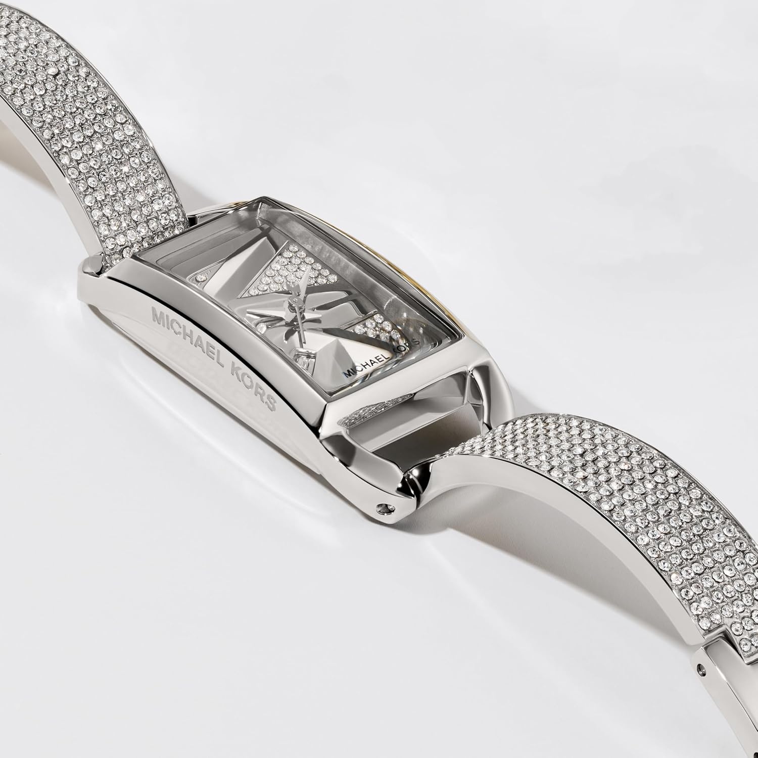 image:imageMichael Kors Womens MK Empire Rectangular Stainless Steel Watch with Steel or Leather BandSilver Pave Bangle