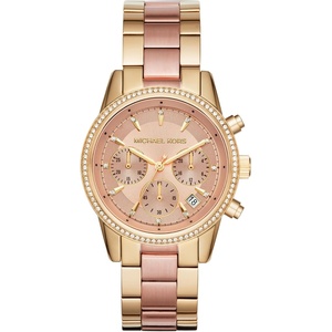 Michael Kors Bryant Chronograph Women’s Watch, Stainless Steel and Pavé Crystal Watch for Women(Gold/Pink)
