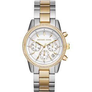 Michael Kors Bryant Chronograph Women’s Watch, Stainless Steel and Pavé Crystal Watch for Women(Silver/Gold)