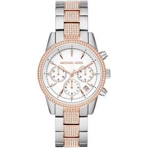 Michael Kors Bryant Chronograph Women’s Watch, Stainless Steel and Pavé Crystal Watch for Women(Silver/Rose Gold)