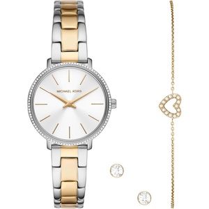 Michael Kors Pyper Women’s Watch, Stainless Steel Watch for Women with Steel, Leather, or Silicone Band(Two Tone Bracelet/Earring Set)