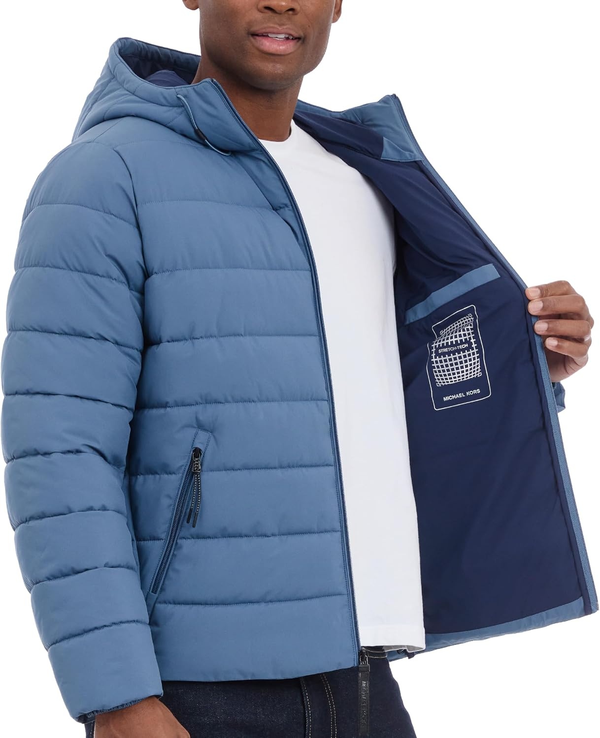 image:imageMichael Kors Mens Hooded Puffer Jacket Rain and Cold Weather CoatDark Chambray Blue