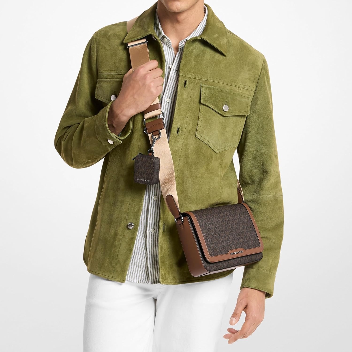 image:imageMichael Kors Mens Hudson Mini Flap Crossbody W PouchMk SignatureBrownLuggage