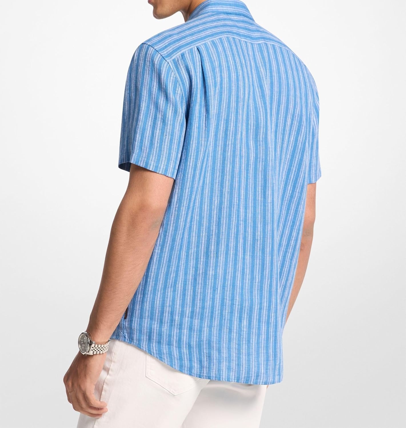image:imageMichael Kors Mens Short Sleeve Linen Striped Classic Fit ShirtHeritage Blue