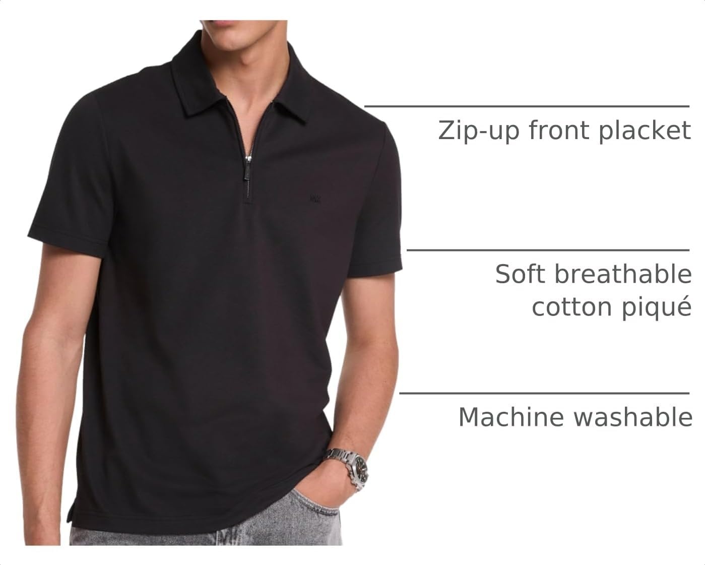 image:imageMichael Kors Mens Sleek Pique Short Sleeve Zip PoloBlack 2