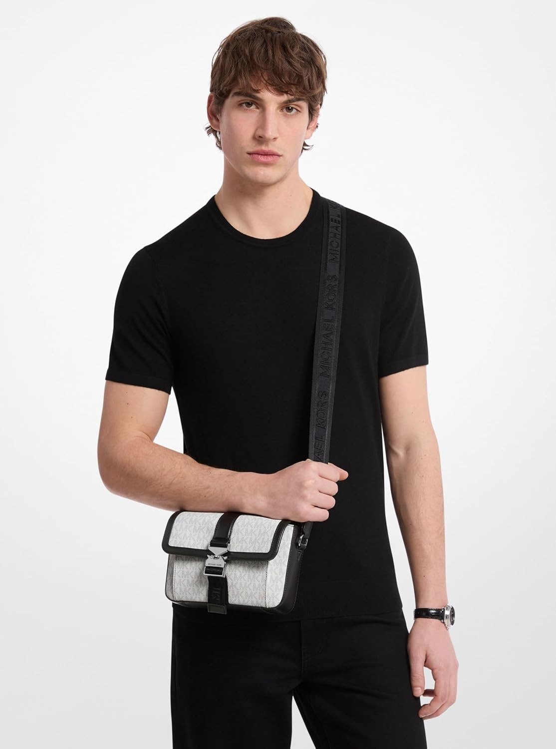 image:imageMichael Kors Unisex Hudson Aviator Crossbody BagGunmetalhardwareBright White