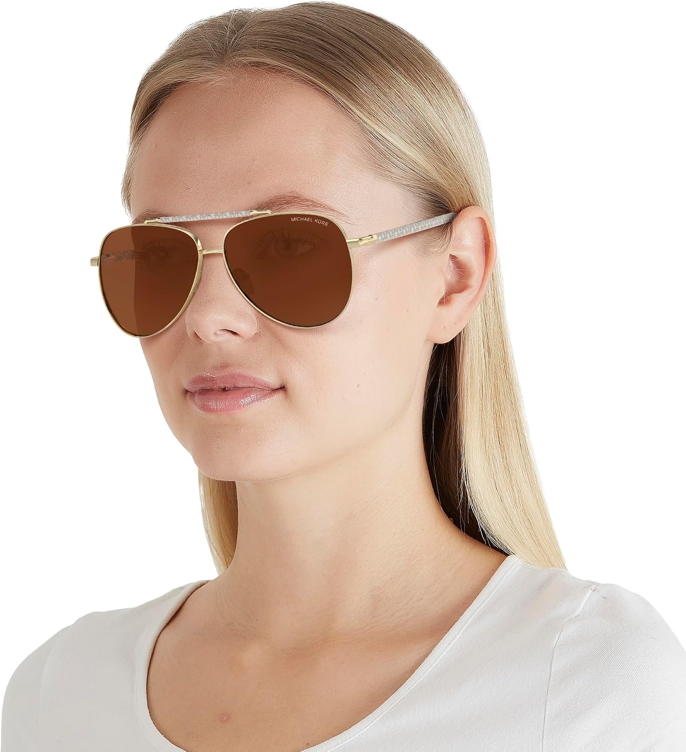 image:imageMichael Kors womens Mk1146 Portugal Aviator SunglassesShiny Light Gold Brown Solid
