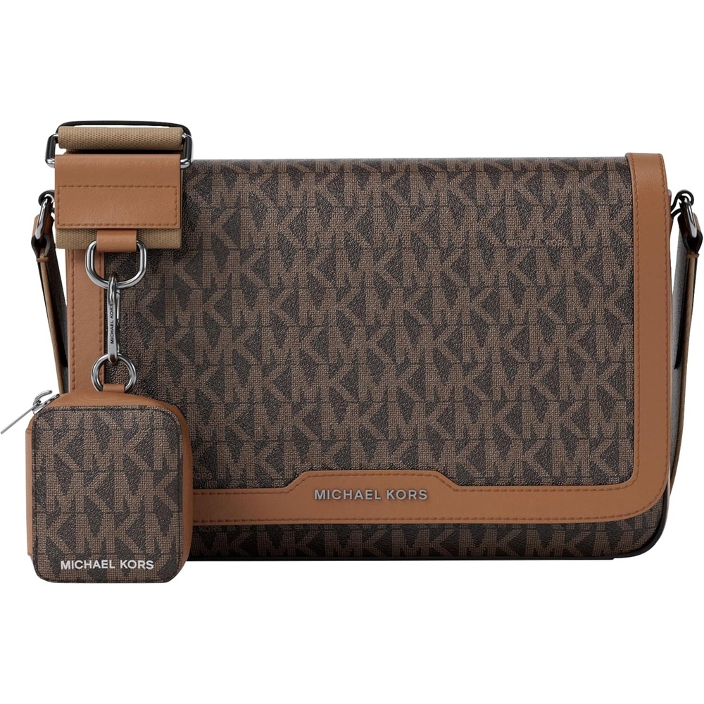 image:imageMichael Kors Mens Hudson Mini Flap Crossbody W PouchMk SignatureBrownLuggage