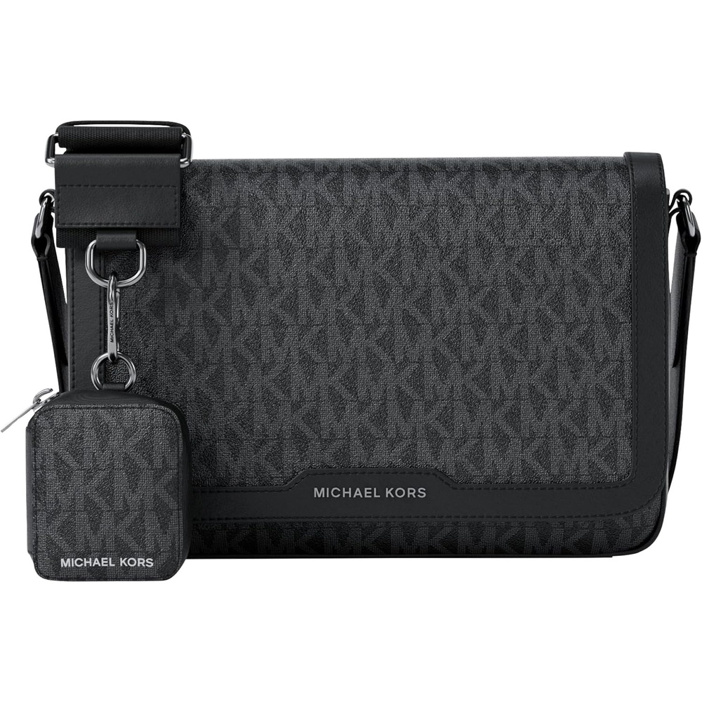 image:imageMichael Kors Mens Hudson Mini Flap Crossbody W PouchSilvertone HardwareMk SignatureBlack