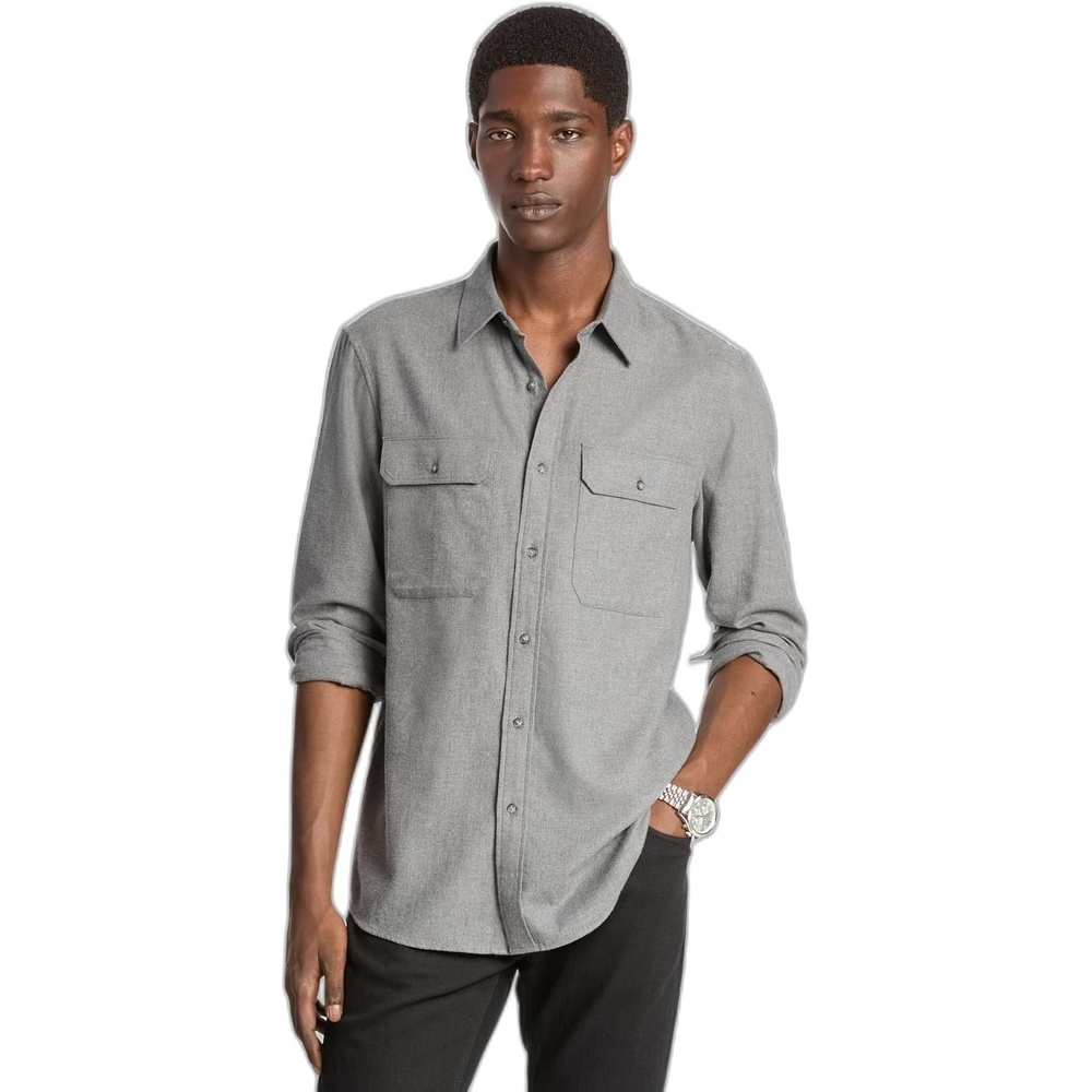 image:imageMichael Kors Mens Long Sleeve Two Pocket Flannel Classic Fit ShirtAsh Melange
