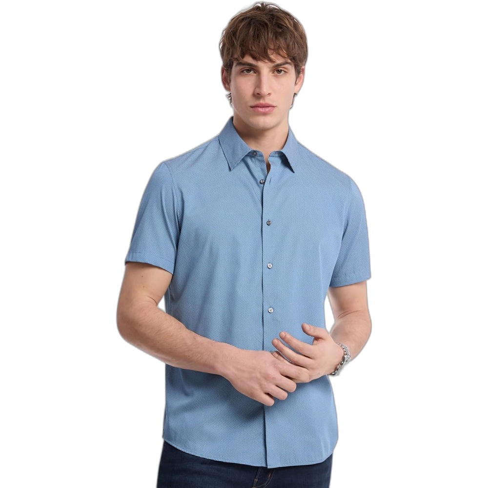 image:imageMichael Kors Mens Printed Short Sleeve Woven ShirtMini Bowtie PrintSteel BlueClassic Fit