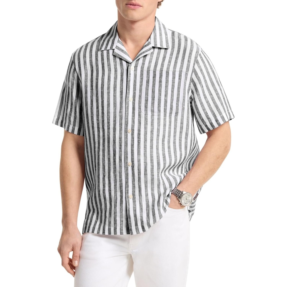image:imageMichael Kors Mens Short Sleeve Stripe Linen Camp ShirtBlack