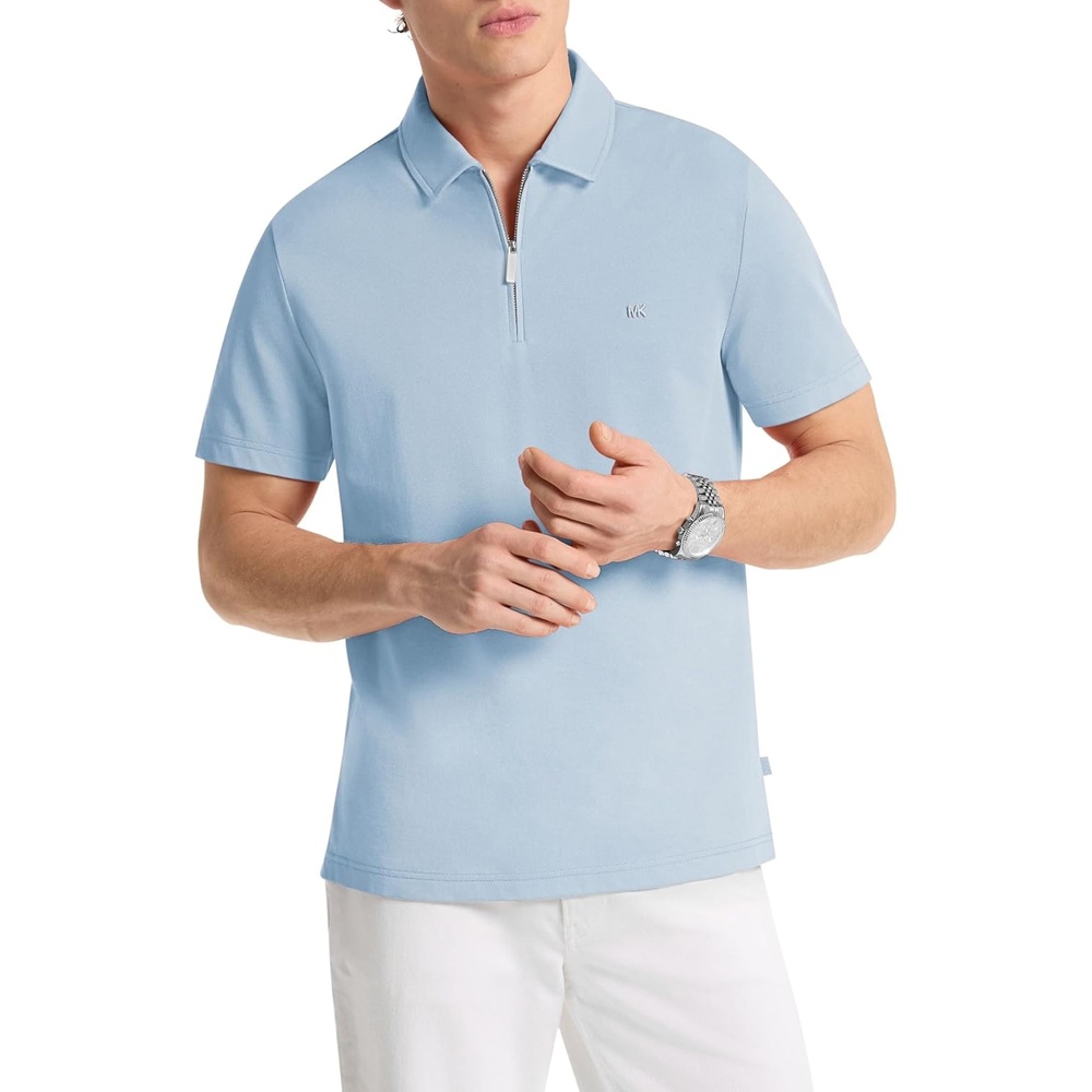 image:imageMichael Kors Mens Sleek Pique Short Sleeve Zip PoloChambray