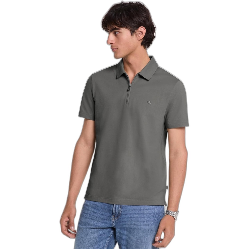 image:imageMichael Kors Mens Sleek Pique Short Sleeve Zip PoloCharcoal Melange