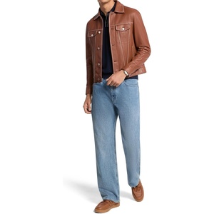 Michael Kors Men’s Contrast Stitch Leather Trucker Jacket(Luggage)
