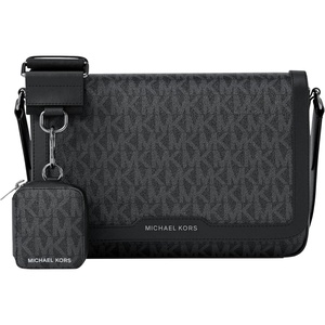 Michael Kors Men’s Hudson Mini Flap Crossbody W Pouch(Silver-tone Hardware/Mk Signature/Black)