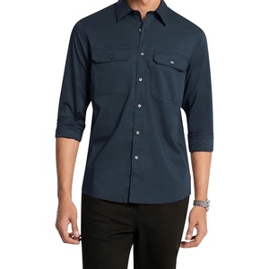 Michael Kors Men’s Long Sleeve Garment Dye Two-Pocket Classic Fit Shirt(Midnight)