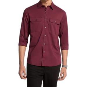 Michael Kors Men’s Long Sleeve Garment Dye Two-Pocket Classic Fit Shirt(Oxblood)