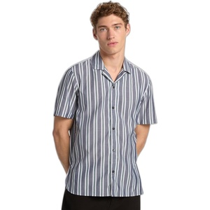 Michael Kors Men’s Printed Short Sleeve Woven Shirt(Striped Print/Midnight/Relaxed Fit)