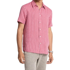 Michael Kors Men’s Short Sleeve Linen Striped Classic Fit Shirt(Rosewood)