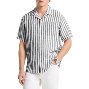 Michael Kors Men’s Short Sleeve Stripe Linen Camp Shirt(Black)