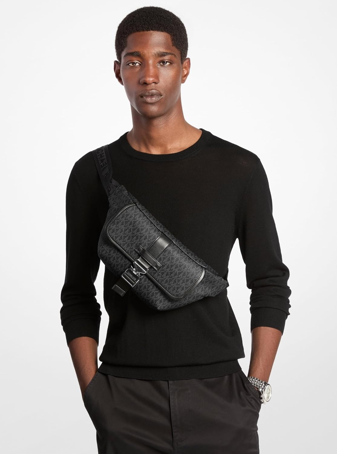 image:imageMichael Kors Hudson Aviator Belt Bag Light Gunmetal HardwareBlack SignatureLight Gunmetal HardwareBlack Signature