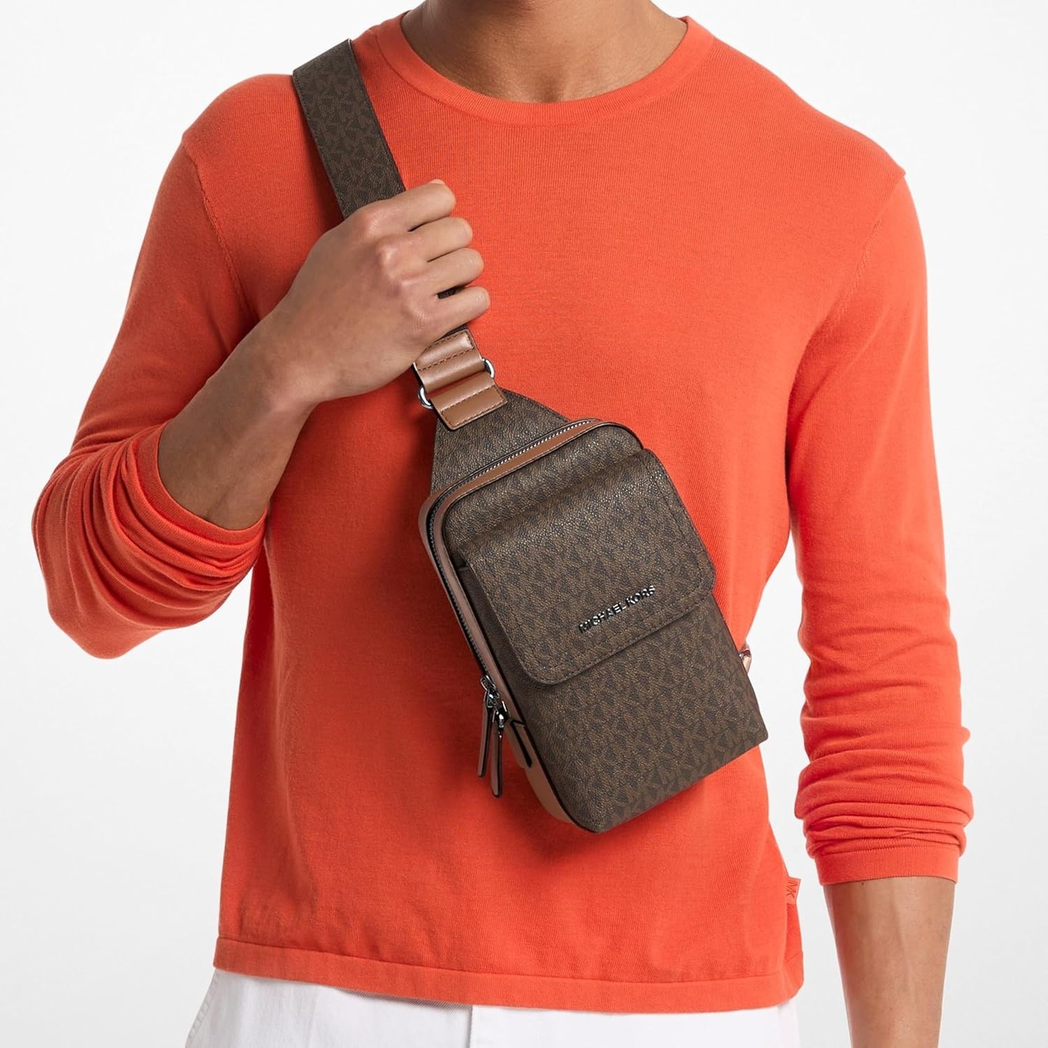 image:imageMichael Kors Mens Hudson Medium Flap Sling PackMK Signature Small BrownLuggageMk SignatureBrownLuggage