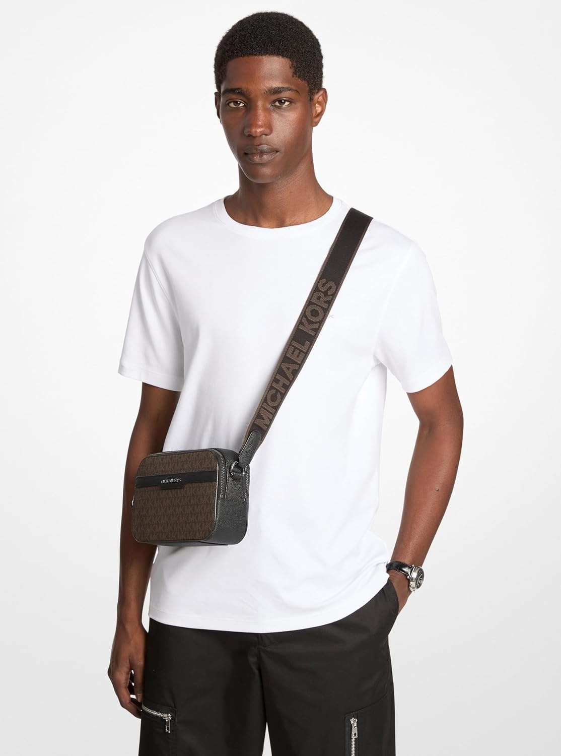 image:imageMichael Kors Unisex Hudson Double Zip Camera BagLight Gunmetal HardwareBrownBlack Signature