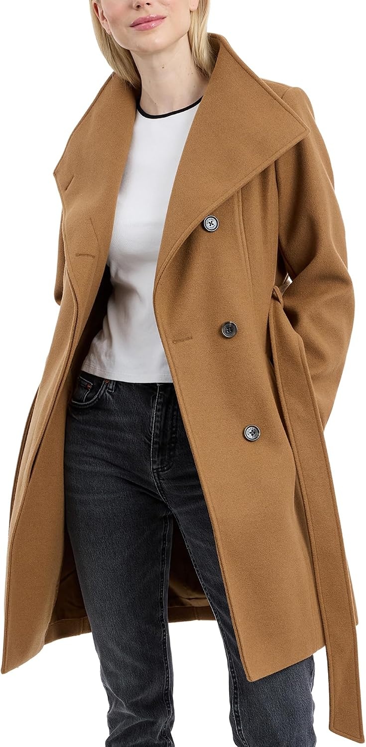 image:imageMichael Kors Womens Faux Wool Wrap Coat With Belt Long Winter Coats for WomenCamel