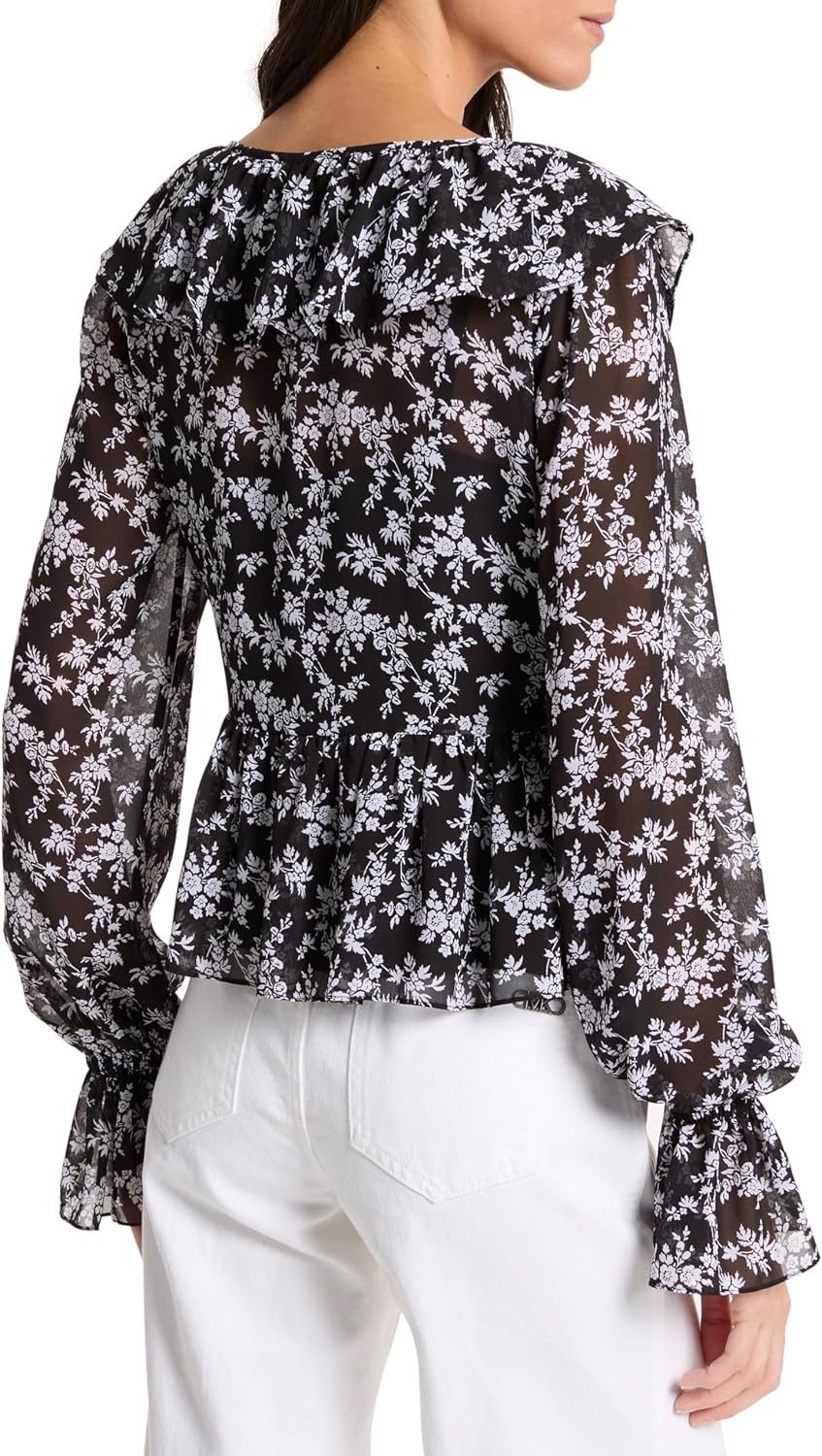 image:imageMichael Kors Womens Floral Long Sleeve V Neck TopBlackWhite