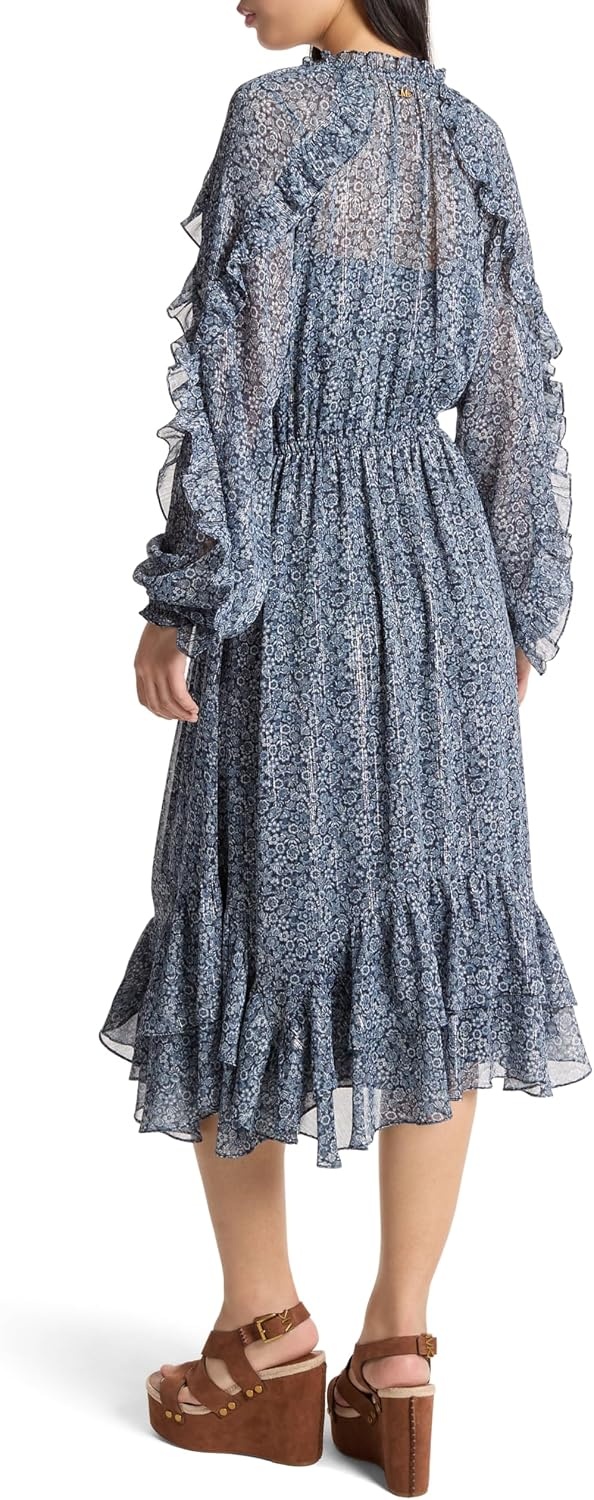 image:imageMichael Kors Womens Floral Ruffle Midi DressMidnight Blue