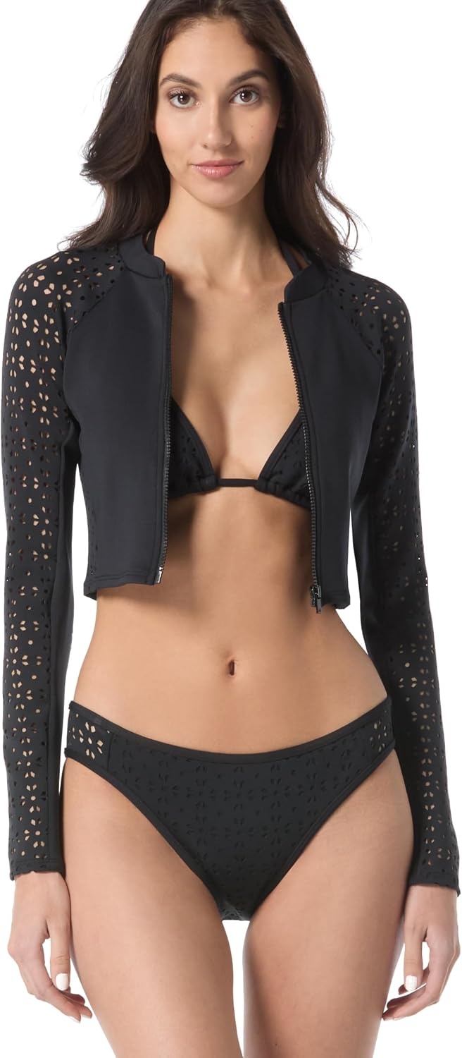 image:imageMichael Kors Womens Laser Cut Scuba Zipfront Cropped RashguardBlack