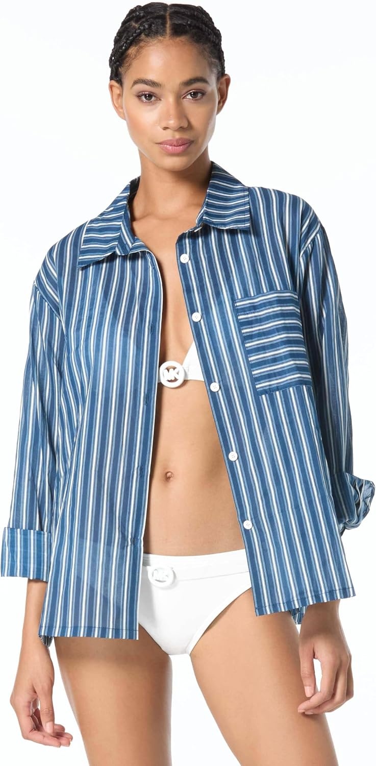image:imageMichael Kors Womens Marina Stripe Cover Up ShirtRiver Blue