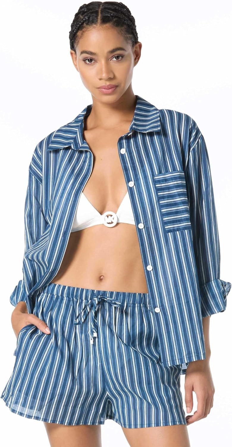 image:imageMichael Kors Womens Marina Stripe Cover Up ShirtRiver Blue