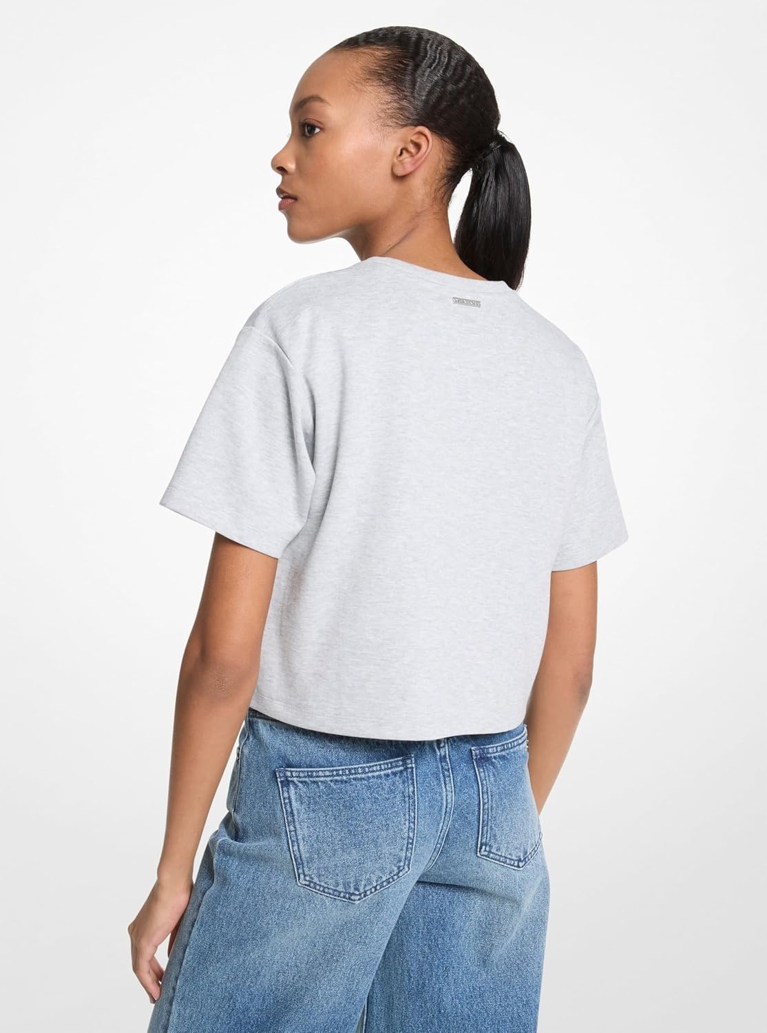 image:imageMichael Kors Womens Mk Embossed Logo Oversized Cropped TShirtPearl Heather