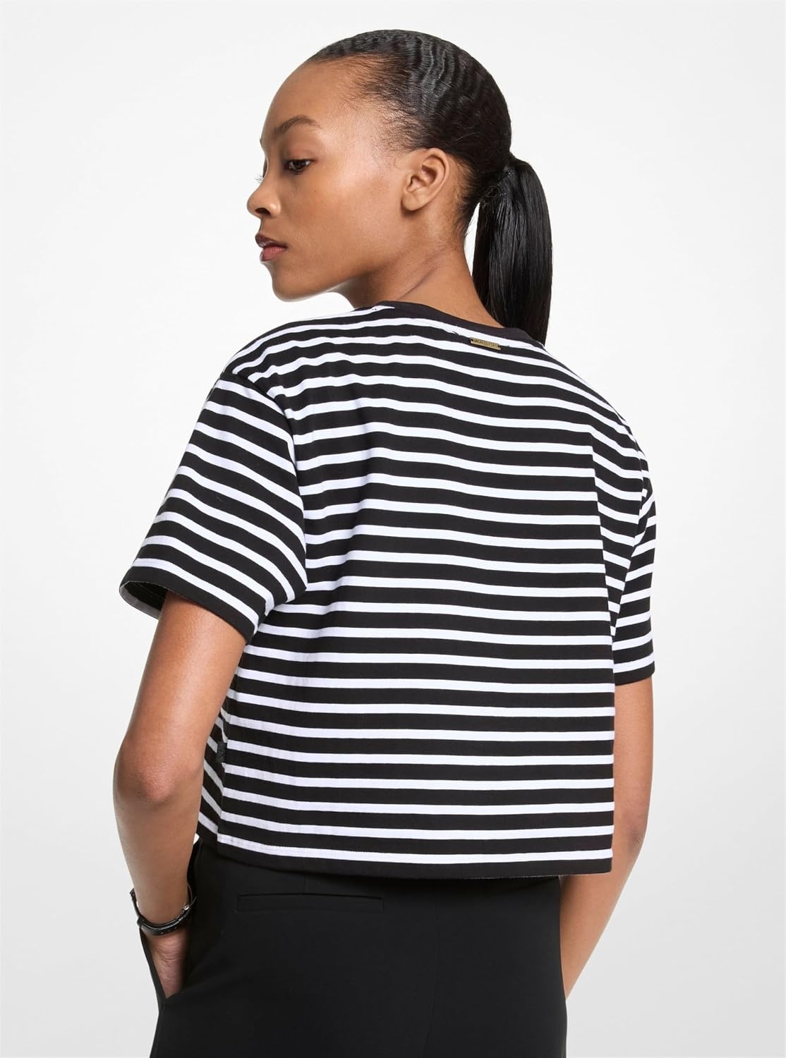 image:imageMichael Kors Womens Mk Embossed Logo Oversized Cropped TShirtStriped Black