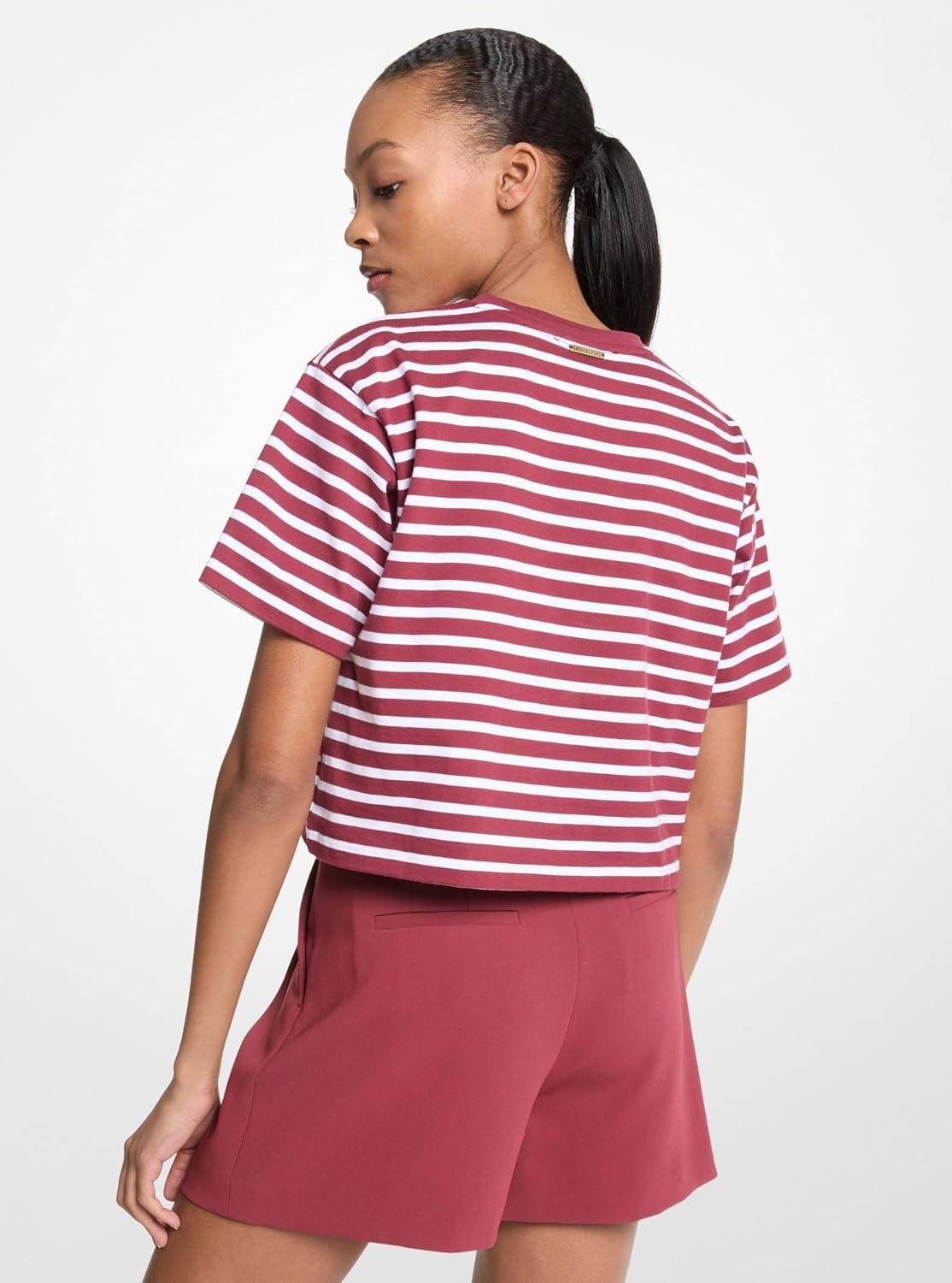 image:imageMichael Kors Womens Mk Embossed Logo Oversized Cropped TShirtStriped Deep Mulberry