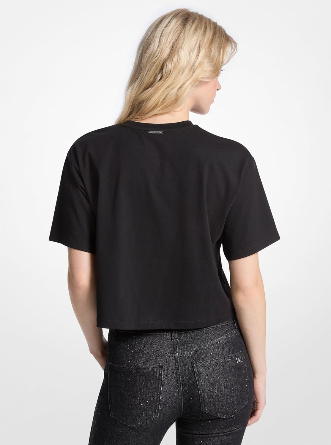 image:imageMichael Kors Womens Oversized Croped Mk Rhinestone T ShirtBlack