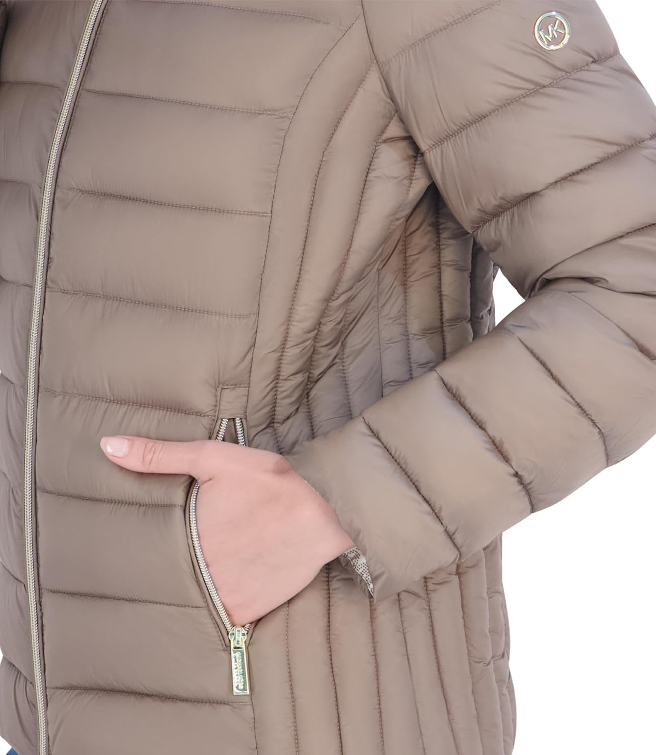 image:imageMichael Kors Womens Packable Puffer Jacket Lightweight Down AlternativeTaupe