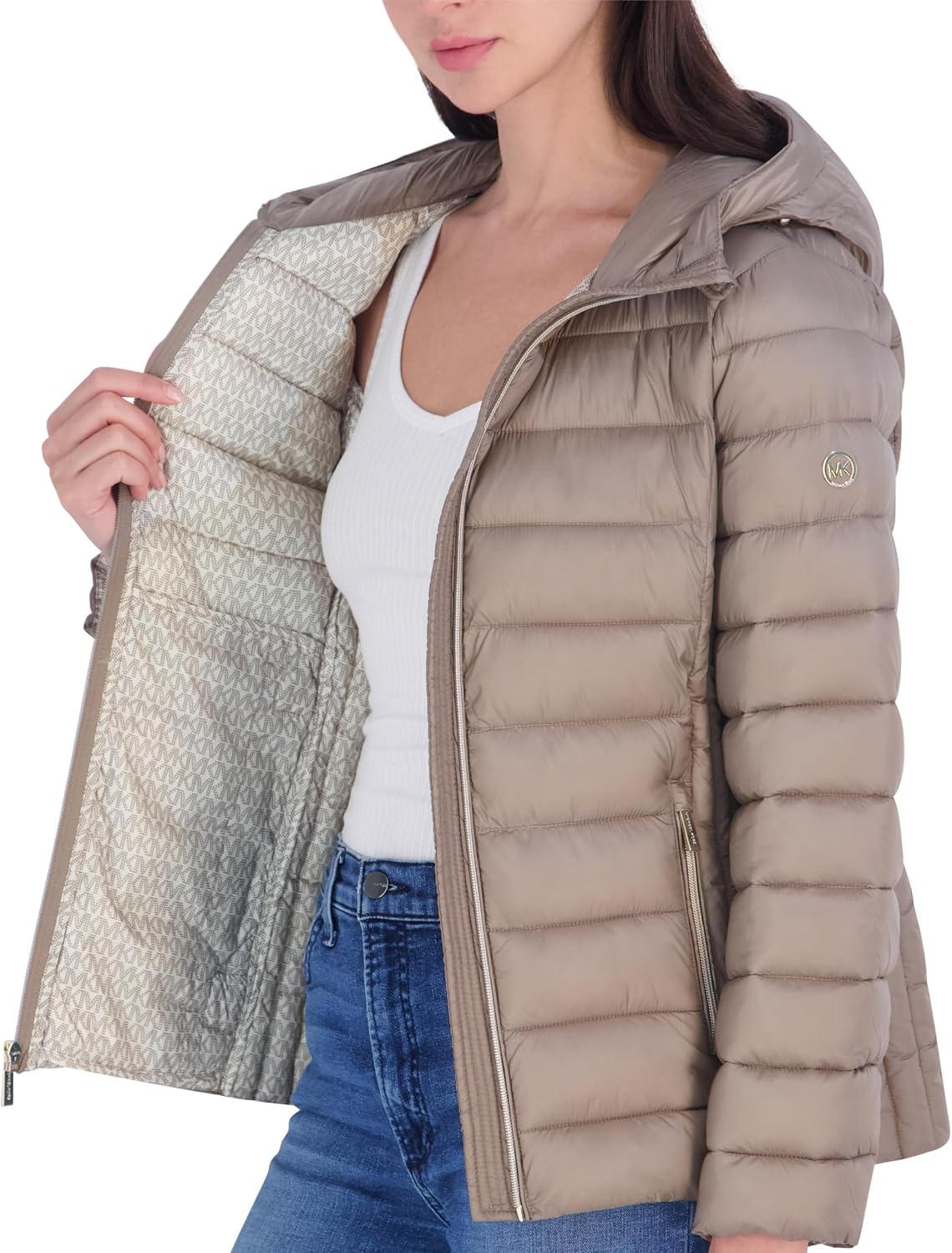 image:imageMichael Kors Womens Packable Puffer Jacket Lightweight Down AlternativeTaupe