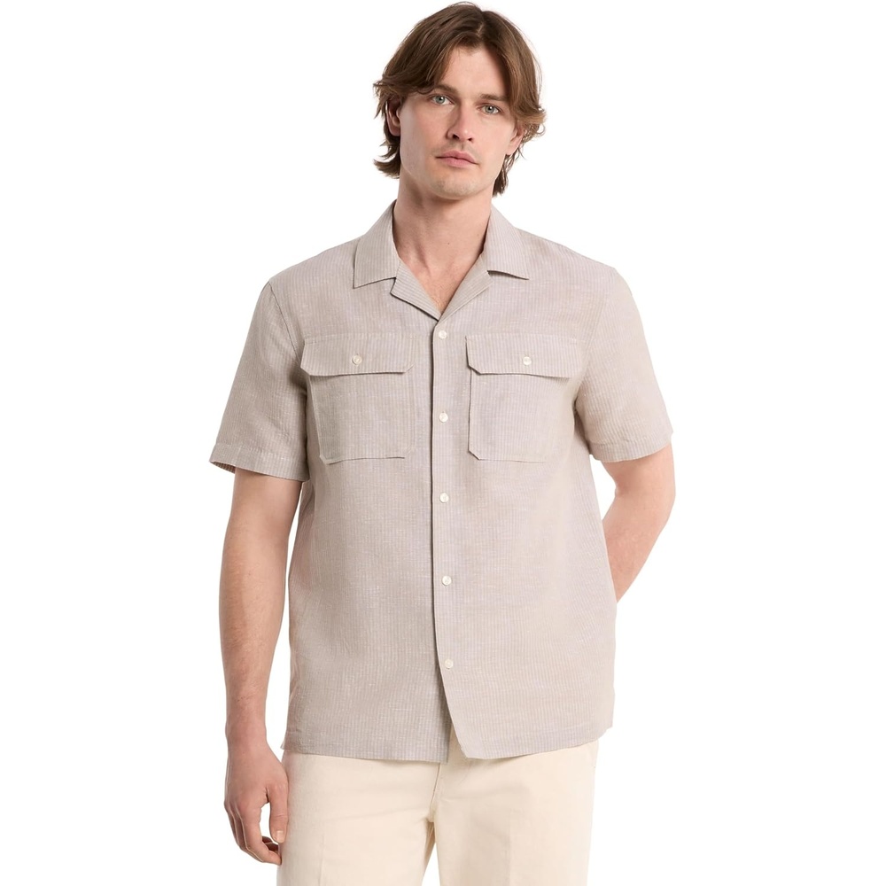 image:imageMichael Kors Mens Short Sleeve Camp Tonal Stripe ShirtDusty Sage