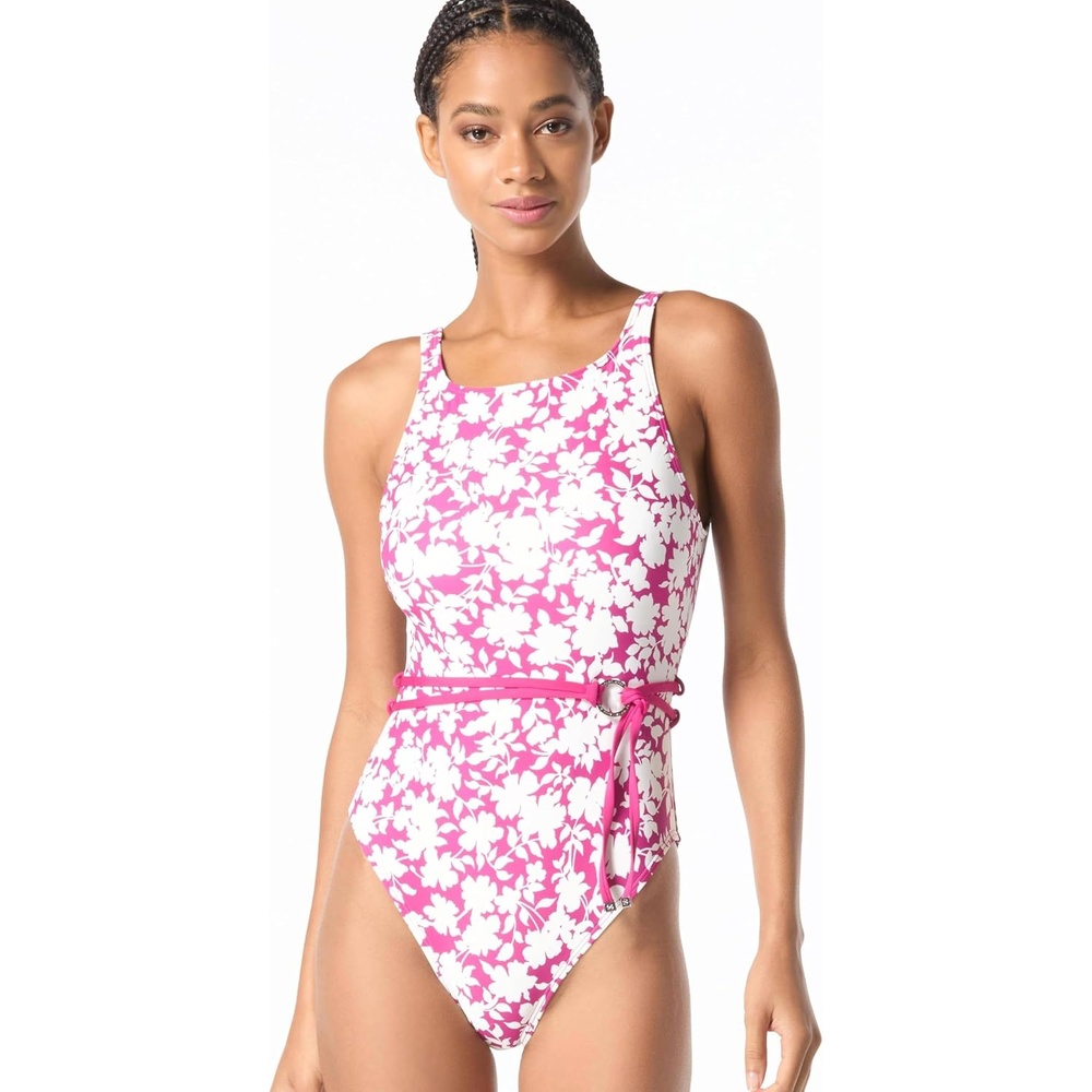 image:imageMichael Kors Swimwear Womens Monotone Floral Highneck Belted One PieceWild Berry