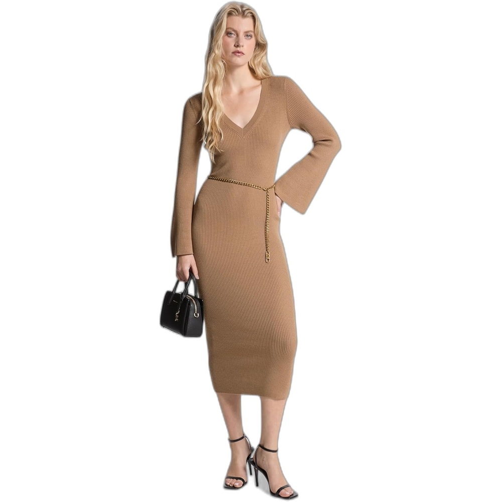 image:imageMichael Kors Womens Bell Sleeve Merino Wool DressDark Camel