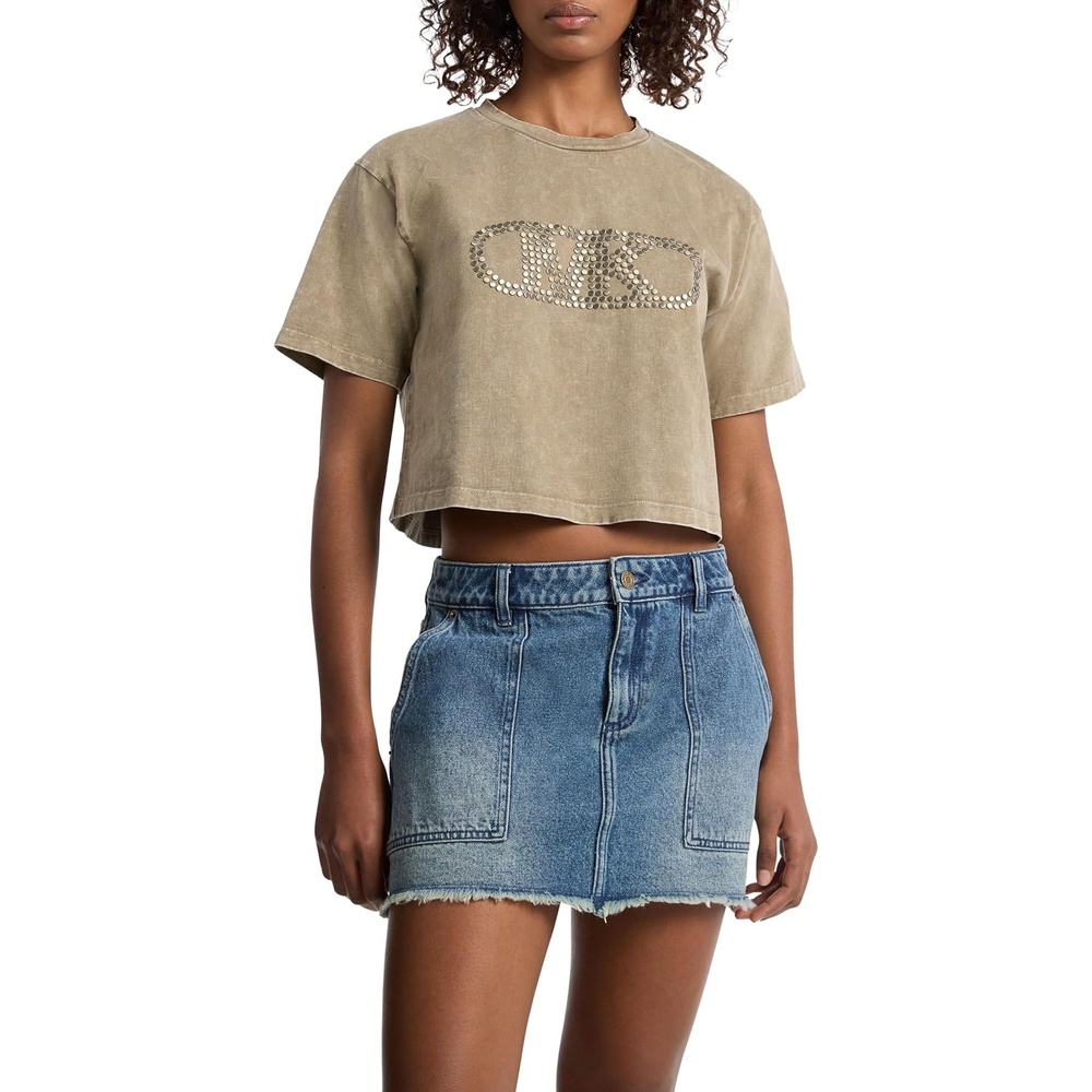 image:imageMichael Kors Womens Cropped Empire Stud TShirtSafari Green Wash