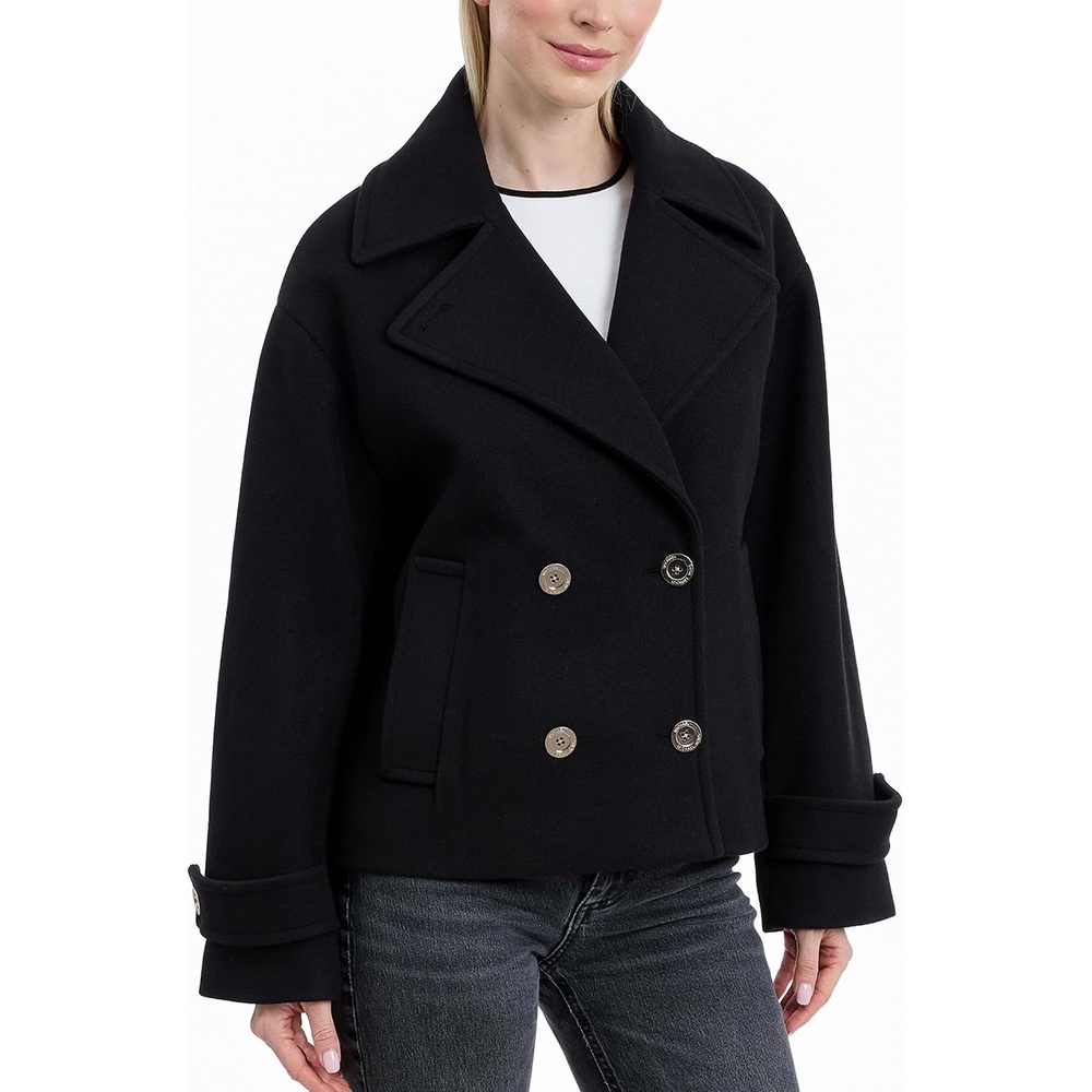 image:imageMichael Kors Womens Double Button Short Peacoat With Faux Wool Stylish Wool Coat for Women Belted Wrap DesignBlack