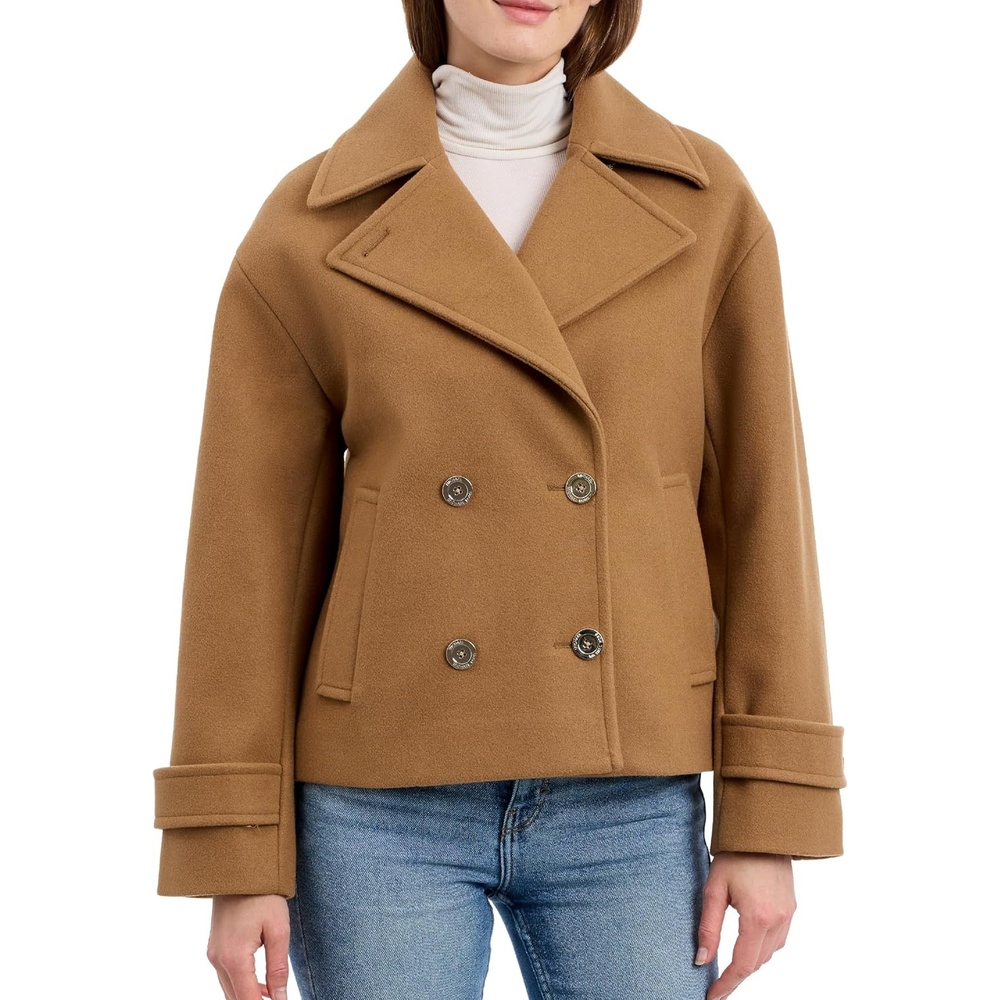 image:imageMichael Kors Womens Double Button Short Peacoat With Faux Wool Stylish Wool Coat for Women Belted Wrap DesignCamel