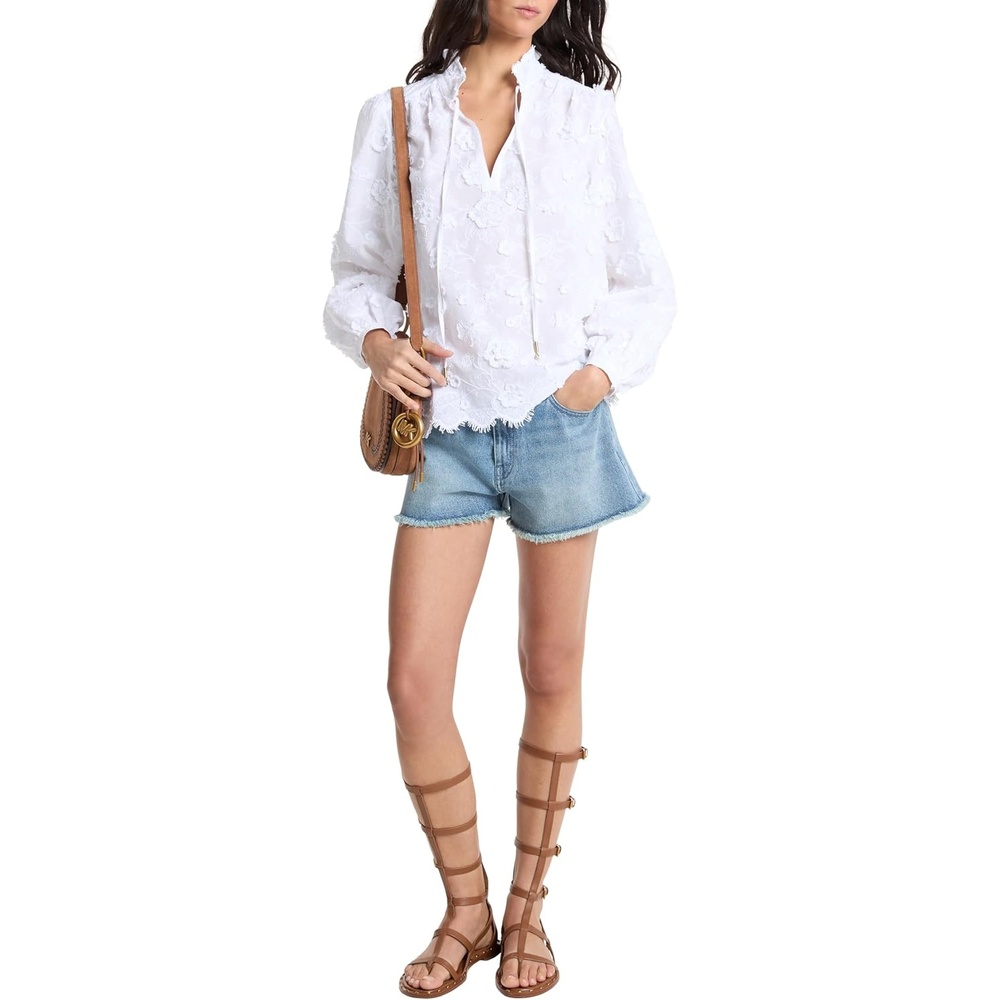 image:imageMichael Kors Womens Embossed Cotton Frill BlouseWhite
