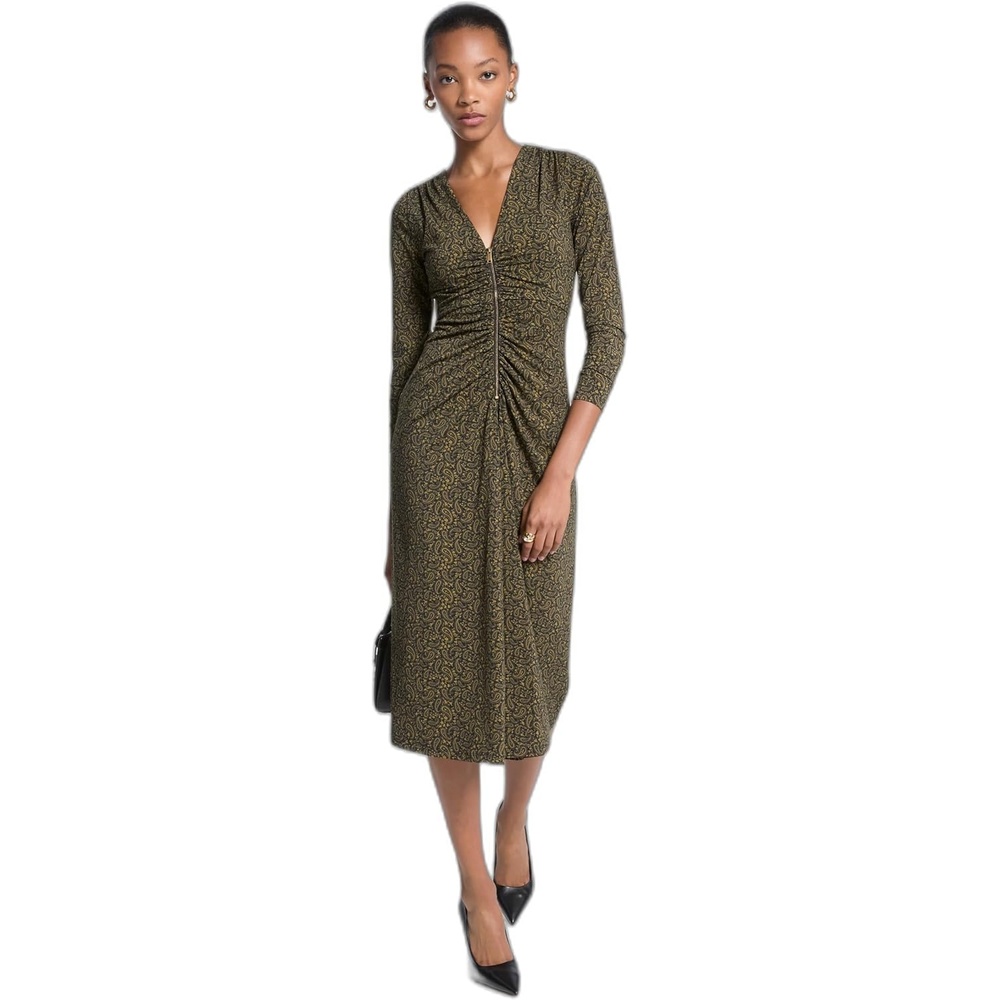 image:imageMichael Kors Womens Long Sleeve Zip Ruched Midi DressPistachio