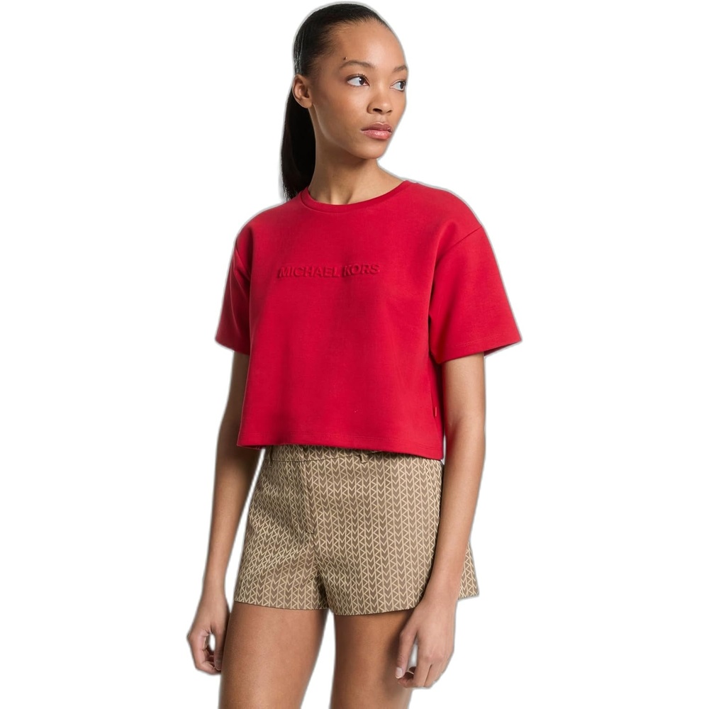 image:imageMichael Kors Womens Mk Embossed Logo Oversized Cropped TShirtCrimson