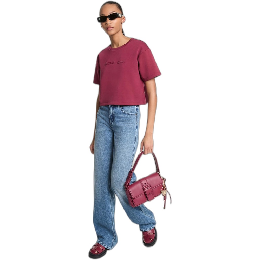 image:imageMichael Kors Womens Mk Embossed Logo Oversized Cropped TShirtDeep Mulberry